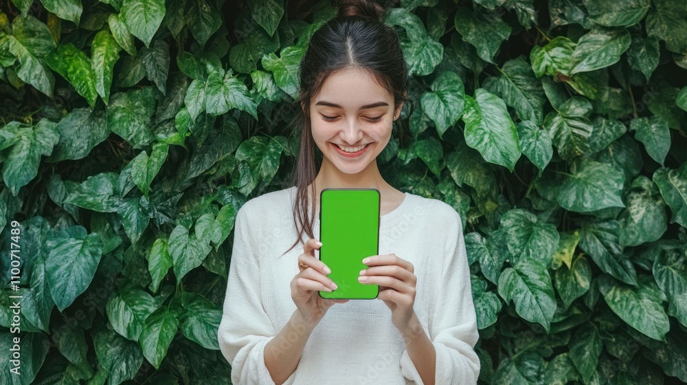 Poster woman displaying a green screen phone message in a minimalistic background