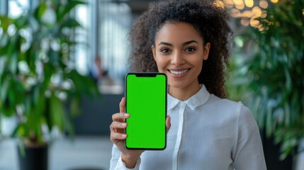 Woman showing a green screen phone for an app demo in a business setting - Powered by Adobe