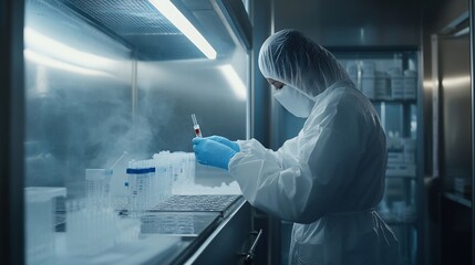 Scientist in sterile lab coat handles sample in a biosafety cabinet.