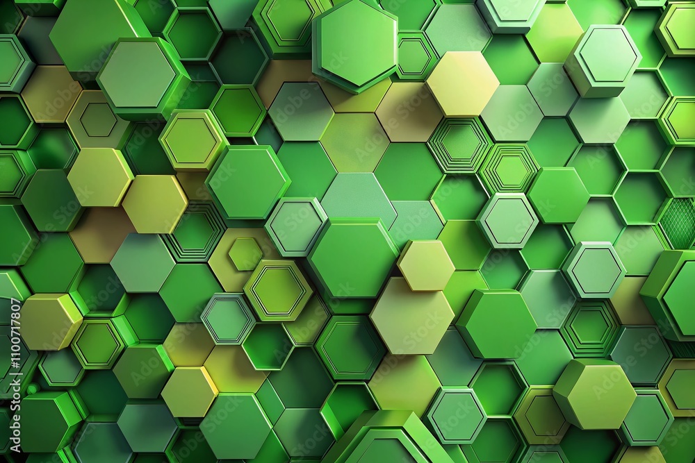 Poster modern green geometric design featuring 3d hexagons and abstract shapes in a harmonious composition 