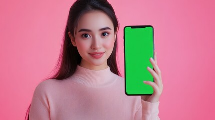 Naklejka premium Young woman with a phone showing a green screen for demo purposes