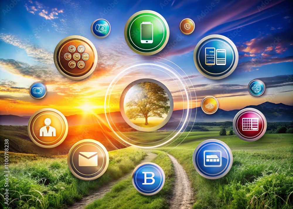 Poster modern icons representing instruction, ideas, and execution with themes of stress management, crypto