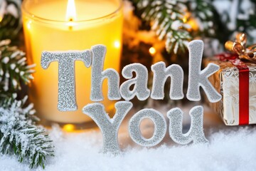 Silver thank you lettering with candle and festive winter elements