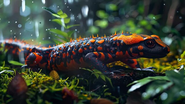 Vibrant orange and black salamander in lush green forest environment