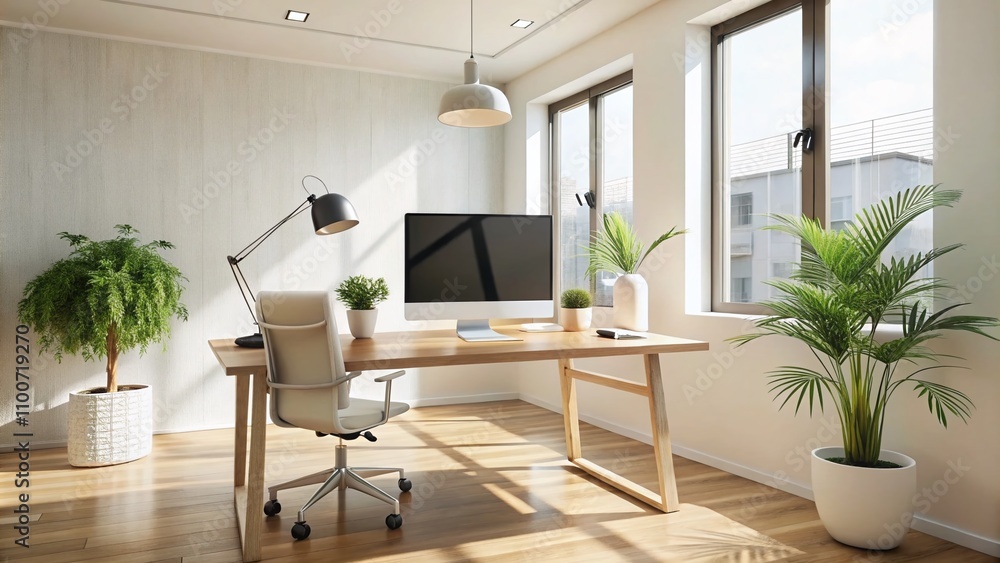 Aufkleber modern minimalist office space featuring a sleek desktop and computer monitor in a bright and airy e