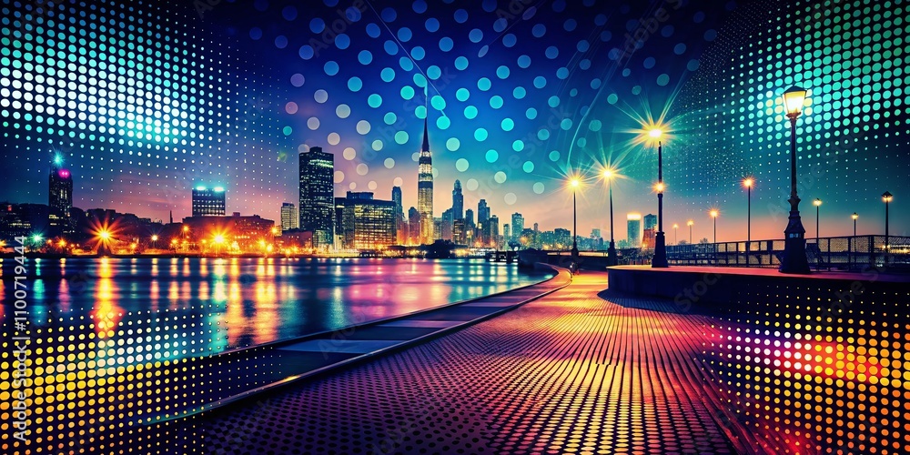 Poster modern night photography of a raster halftone background for text with vibrant colors and dynamic pa
