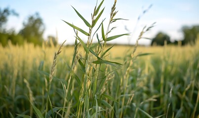 Naklejka premium Close-up of tall grass in the foreground, Generative AI