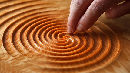 Naklejka premium woodworker’s hand carefully presses wood glue into a circular joint, symbolizing precision, craftsmanship, and the attention to detail required in creating strong, durable woodwork connections