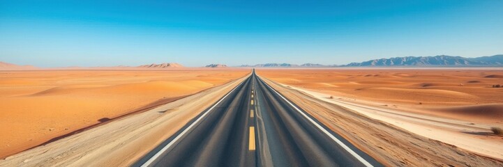 Long straight road cutting through a vast desert landscape under a clear blue sky, shimmering heat waves rising from the hot sand, destination, solitude