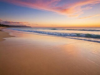 Obraz premium A serene sunset beach with gently crashing waves, golden sand, and a colorful sky, holiday, nature