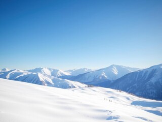 Fototapeta premium A serene winter landscape of snow-covered mountains under a clear blue sky, calm, winter