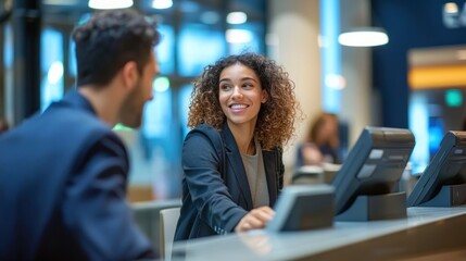 Fototapeta premium Bank receptionist greeting customers and managing transactions at the front desk of a bank