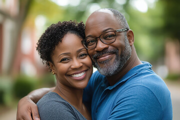 Fototapeta premium A joyful couple embracing outdoors, smiling at the camera.