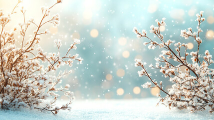 Fototapeta premium serene winter scene of frosted branches adorned with delicate snowflakes, evoking a peaceful, magical atmosphere and symbolizing the beauty of nature’s stillness in cold weather