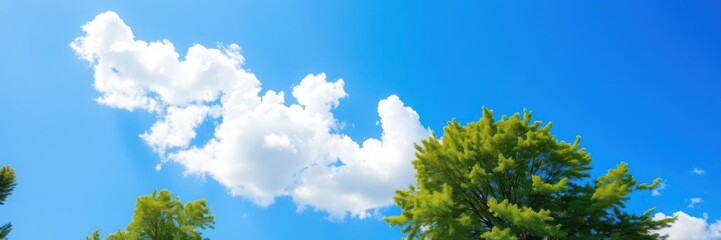 Obraz premium A vibrant summer background featuring a clear blue sky, soft fluffy clouds, and lush green trees, clouds, sunny