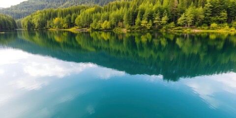 Tranquil lake surrounded by lush green forests reflecting in the clear water, idyllic, reflections
