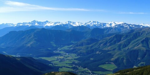 A majestic mountain range stretching into the horizon, with snow-capped peaks and lush green valleys below, rugged, range