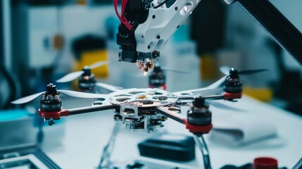 A futuristic robotic arm handling automated assembly of complex drone prototypes in a clean, high-tech drone development lab, modern and innovative environment with a focus on drone technology