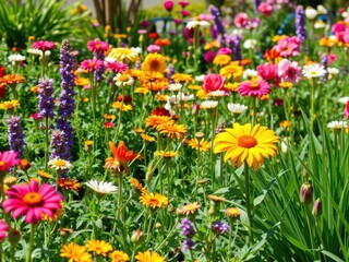 Obraz premium A vibrant garden full of colorful flowers and lush greenery blooming in the spring sunshine, cultivation, gardening tools