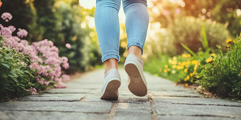 Person Walking on a Garden Path Surrounded by Flowers