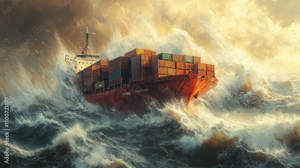 Poster a cargo ship in a violent storm, massive waves engulfing the ship and sending containers crashing in