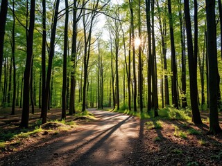 Fototapeta premium A scenic forest trail winding through tall trees with sunlight filtering through the branches, creating a peaceful and serene atmosphere, trees, forest