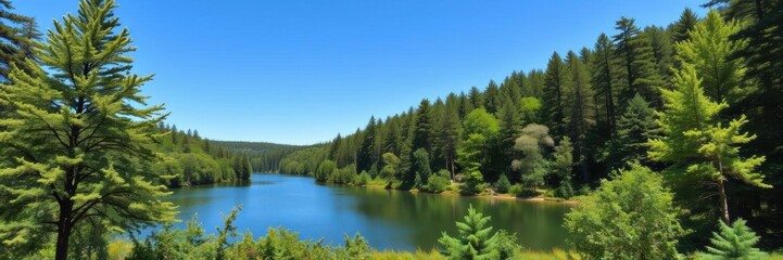 Fototapeta premium A breathtaking landscape of a serene forest with lush green trees, a tranquil lake, and a clear blue sky overhead, quiet, blue