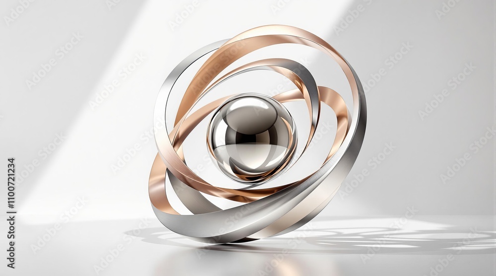 Poster modern metallic abstract sculpture with twisted ribbons and central sphere on minimalist background
