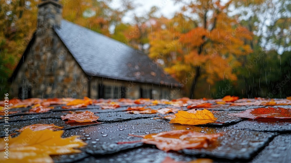 Poster a close-up of raindrops on a slate roof, creating a beautiful shimmering effect, framed by vibrant a