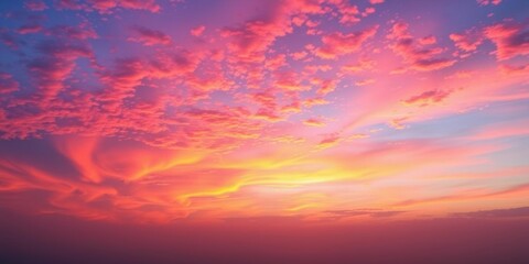 Fototapeta premium Vibrant sunset sky with hues of orange, pink, and purple blending together in a breathtaking display, atmospheric, gradient