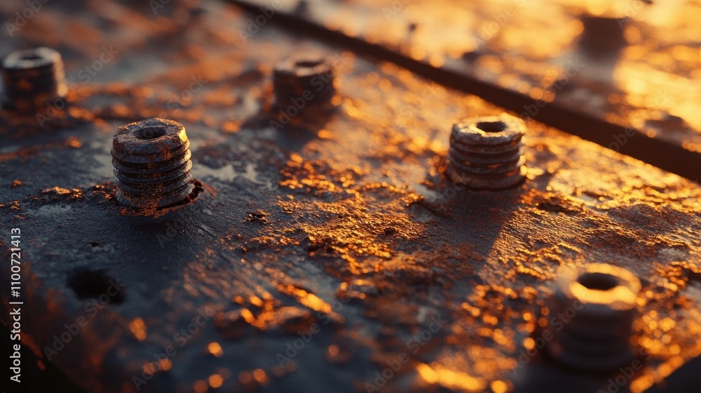 Poster a close-up view of rusting metal bolts on an old, weathered surface, highlighted by the warm glow of