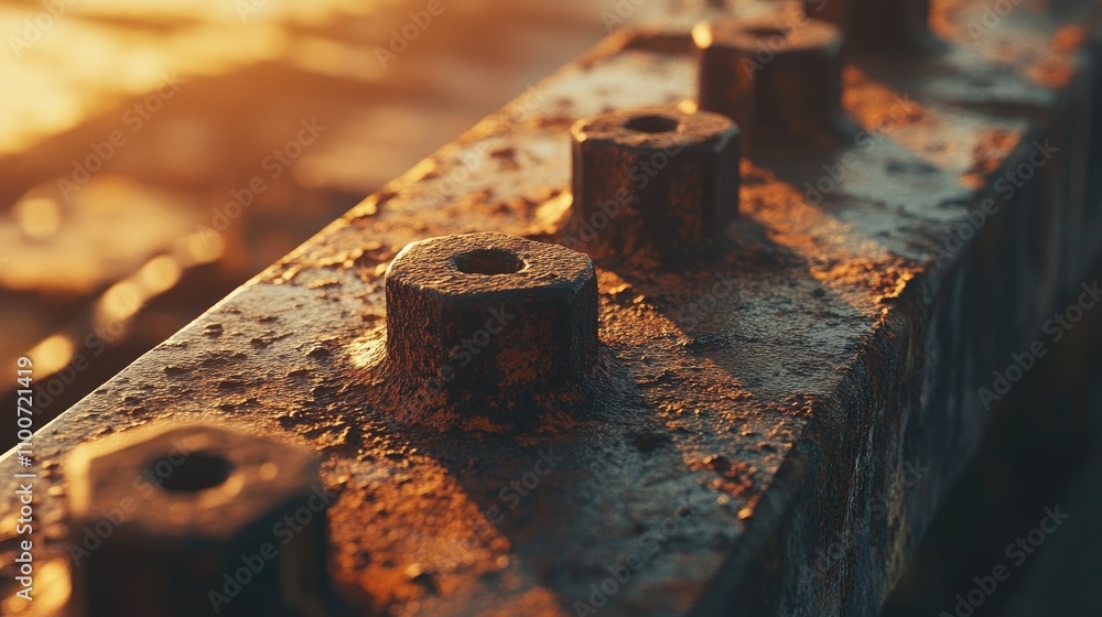Poster a close-up view of rusting metal bolts on an old, weathered surface, highlighted by the warm glow of