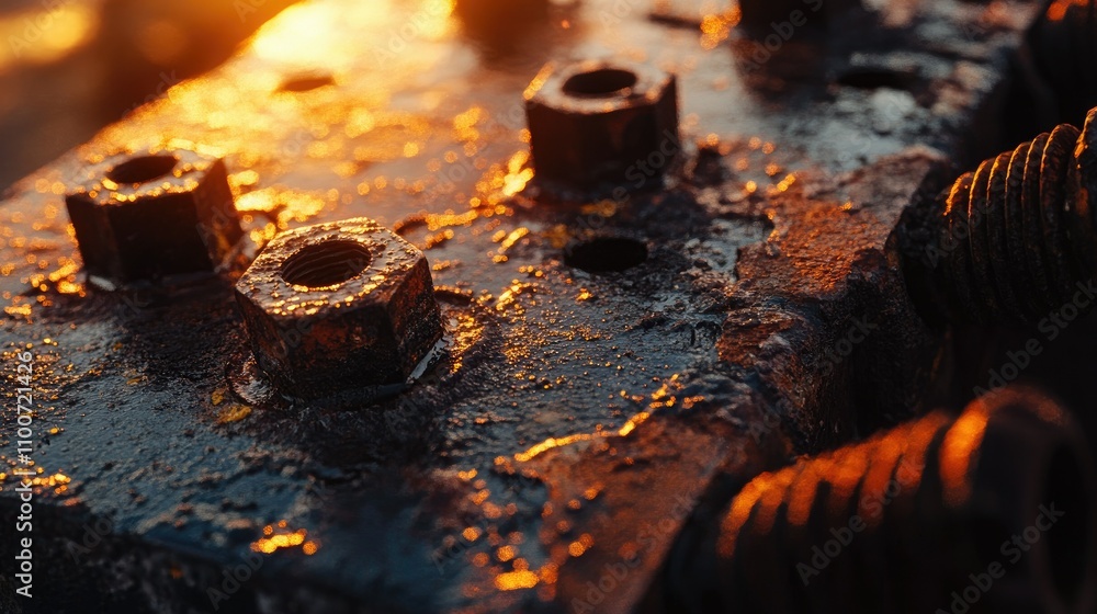 Poster A collection of rusting bolts with dramatic lighting, emphasizing the decay and texture on an old metal surface at sunset