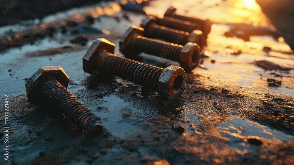 Poster a collection of rusting bolts with dramatic lighting, emphasizing the decay and texture on an old me