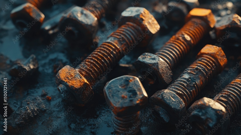 Poster a collection of rusting bolts with dramatic lighting, emphasizing the decay and texture on an old me