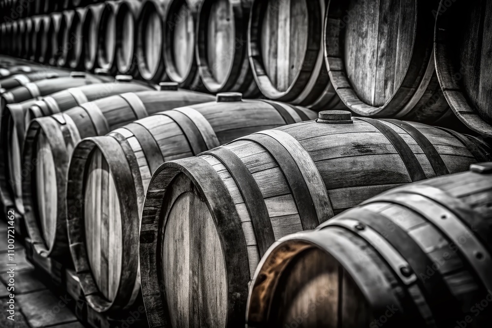 Poster monochrome barrels: a captivating high depth of field image showcasing the textures and patterns of 
