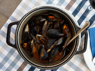 Delicious seafood dish of mussels a la Marinera, a delicacy of Spanish cuisine