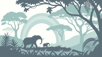 Elephant Family in Serene Jungle Landscape © Lee Design Arts