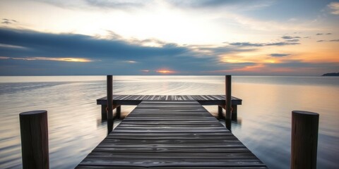 Obraz premium A serene image of a tranquil dock at dusk, with the soft light of the setting sun casting a warm glow over the calm water below, jetty, calm