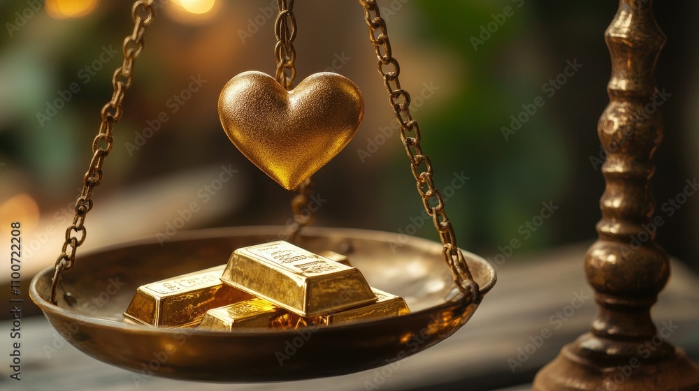 Poster a golden heart and gleaming gold bars are weighed on an old-fashioned scale, representing the balanc
