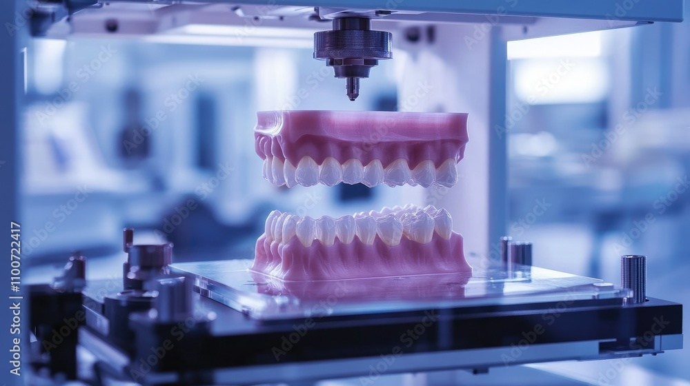 Poster a high-tech 3d printer creates an intricate dental model of human teeth, showcasing advanced technol