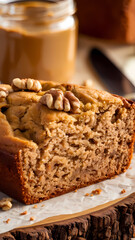 Fototapeta premium Pecan Bread Slice with Brown Spread in Background