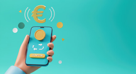 Hand holding smartphone with digital euro symbol, represent financial transaction verification concept