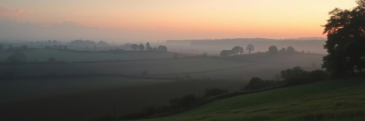 A serene view of the English countryside at dusk, with soft colors and gentle lighting creating a peaceful atmosphere, quiet, rural