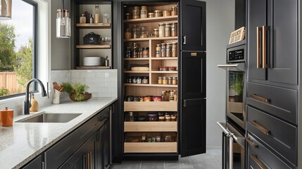 Modern kitchen pantry with dark cabinetry, open shelving, and ample storage.