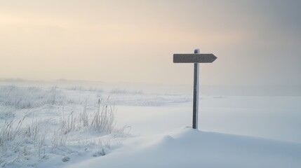 A lonely signpost points the way through a peaceful snow-covered landscape, with a muted overcast sky adding to the stillness and calm of the rural winter scene