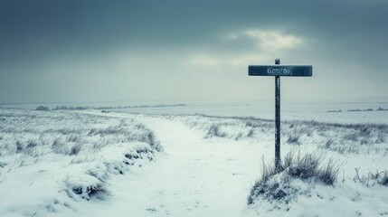 Fototapeta premium A lonely signpost points the way through a peaceful snow-covered landscape, with a muted overcast sky adding to the stillness and calm of the rural winter scene