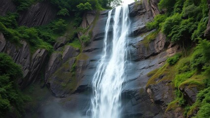 A majestic waterfall cascading down a rocky cliff with lush green vegetation surrounding it, wilderness, destination