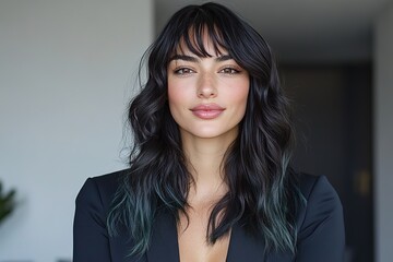 Fototapeta premium Confident businesswoman smiling with trendy hairstyle and makeup