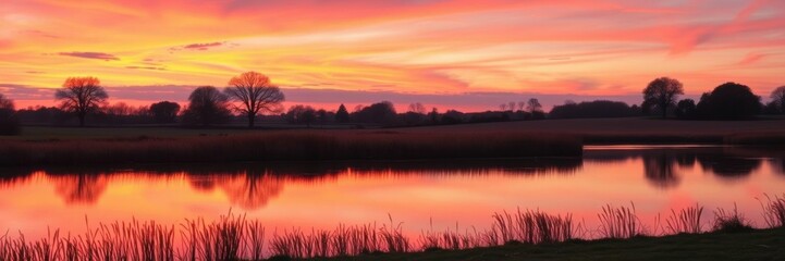 Obraz premium A serene landscape at dusk in the English countryside, with vibrant hues of orange and pink in the sky reflecting off a tranquil lake, vibrant, scenic